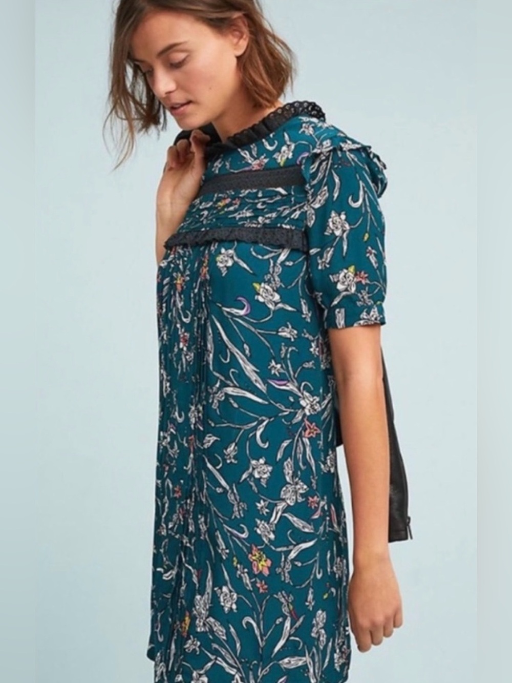 Ines Green Floral Lace Trim Shift Dress by Vineet Bahl, Size M